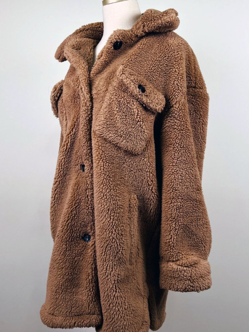Lucky Brand Women’s M Teddy Sherpa Faux Fur Coat Tan Button Front Jacket Medium